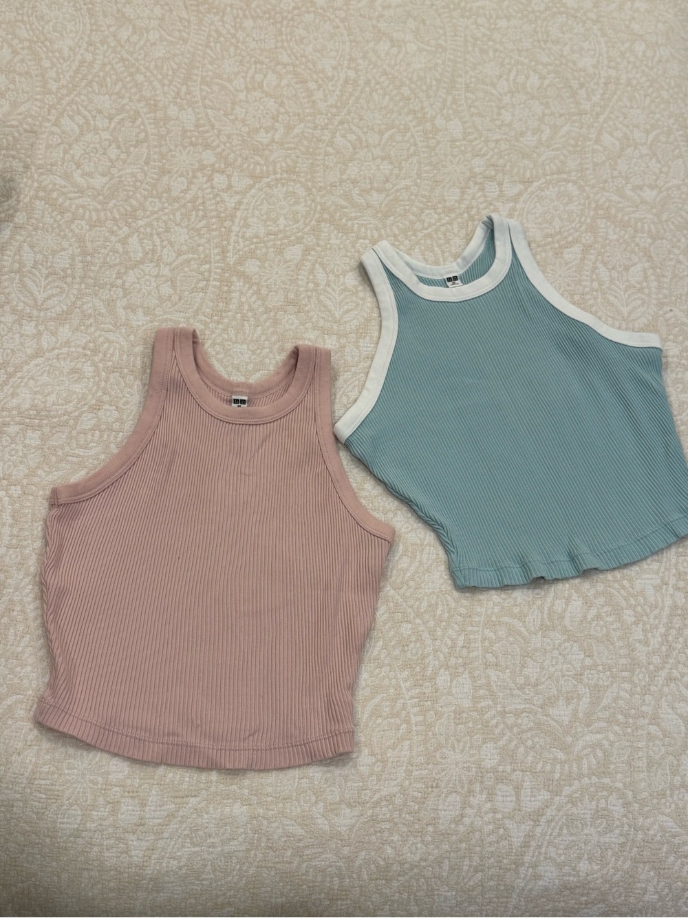 Uniqlo Ribbed Cropped Cotton Tank Tops Pink & Blue Bundle XS